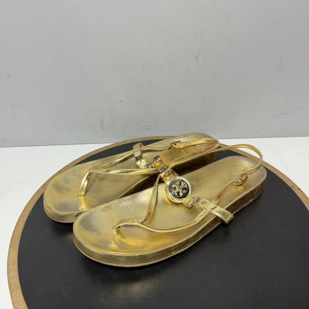Tory Burch Sandals Womens Size 11 Gold Leather Thong Slingback Logo Casual